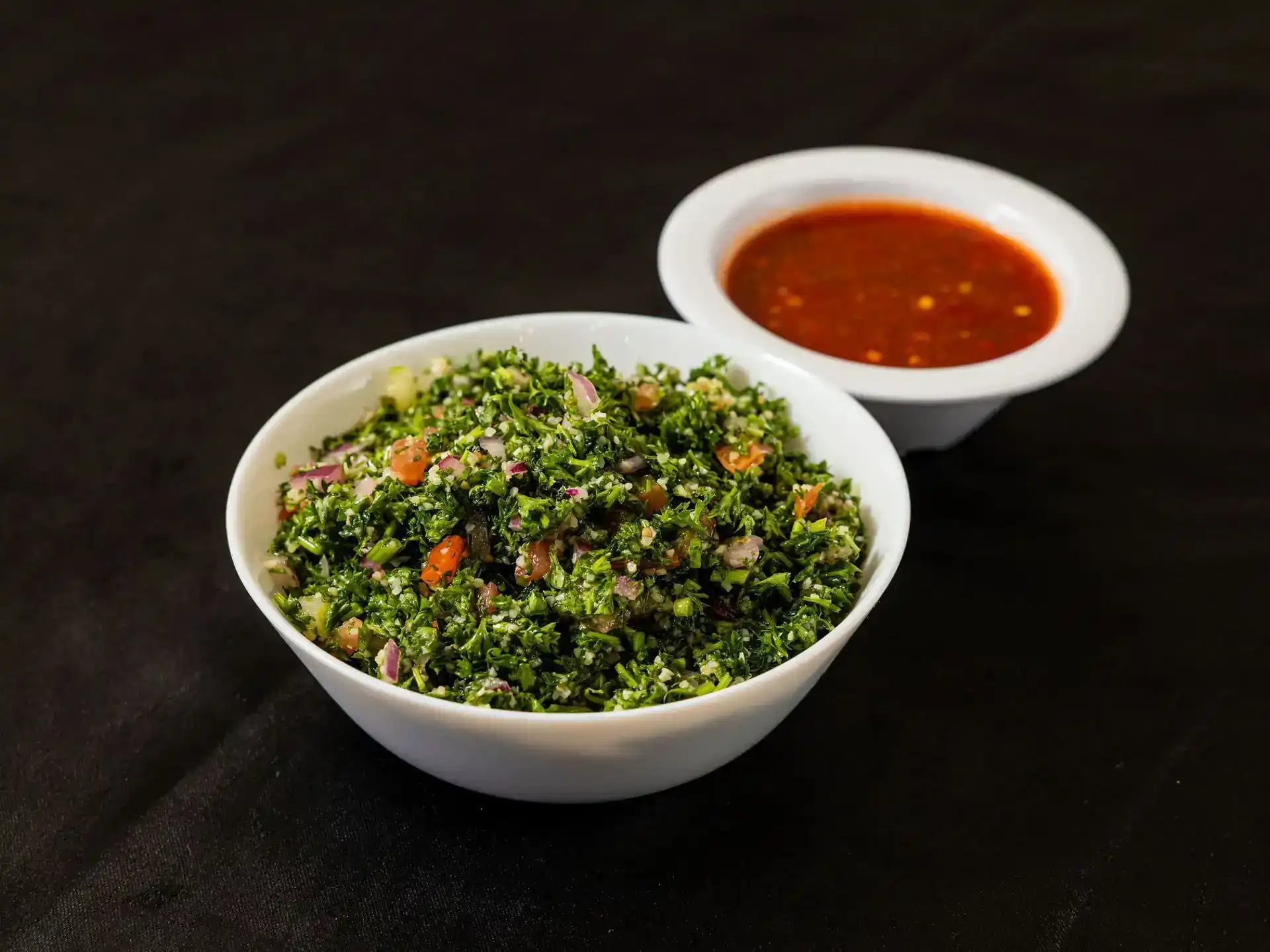 Tabouli at Shawarma House SD — Levantine parsley-bulgur salad with tomato, mint, lemon, and olive oil — vegan starter at Iraqi-Mediterranean restaurant in Ocean Beach, San Diego