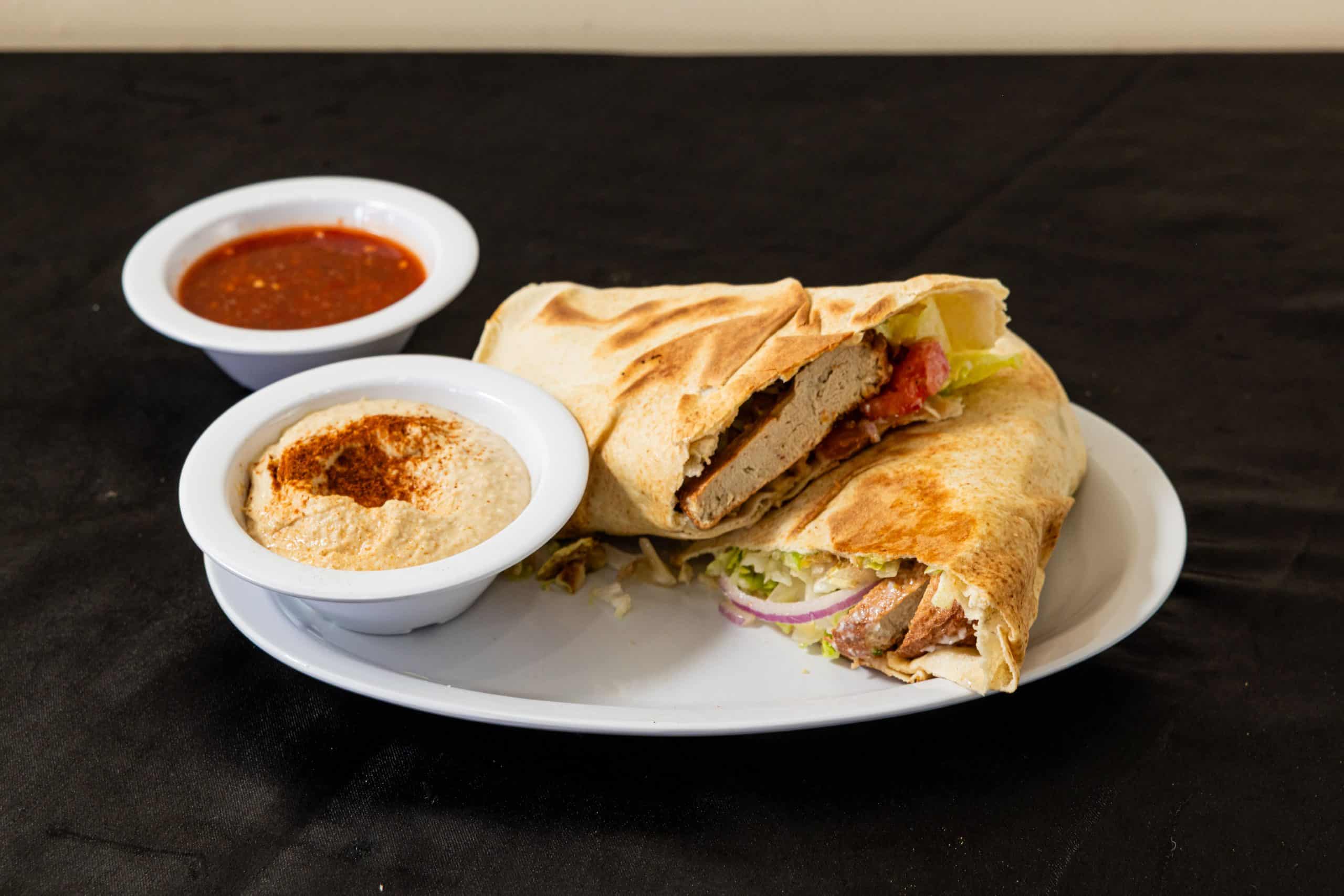 Vegan Cream Chop Pita Wrap at Shawarma House SD — plant-based cream chop in warm pita with crisp salad and toum — 100% vegan Mediterranean in Ocean Beach, San Diego